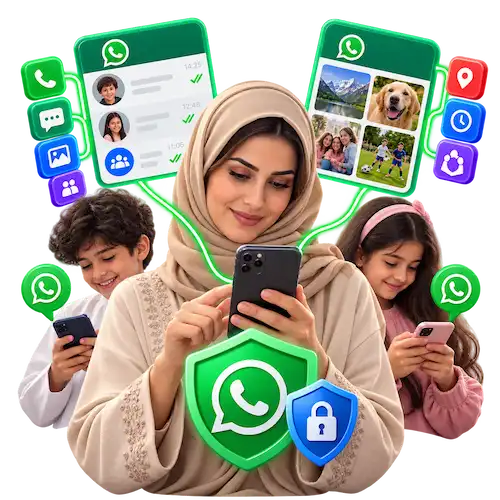 فتاة تحمل هاتفًا وبجانبها أفراد أسرة قلقون وشعار واتساب