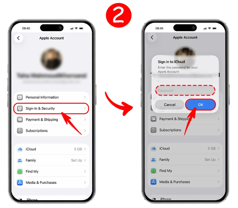 اختيار خيار Sign-In & Security في إعدادات Apple ID للايفون للدخول لقسم إدارة أمان الحساب