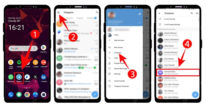 How to find a contact and open chat on Telegram to block someone – open Telegram menu, go to Contacts, search for a user, and access their chat screen