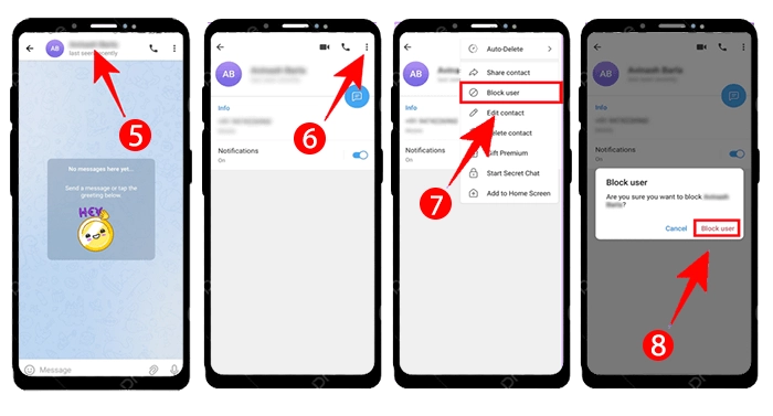 How to block a user on Telegram – open chat profile, tap three dots menu, and select Block User option to confirm blocking in Telegram