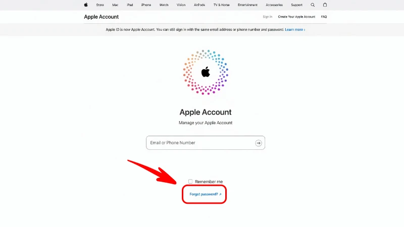ورود به سایت appleid.apple.com و انتخاب گزینه Forget Password برای شروع فرآیند بازیابی و تغییر رمز اپل آیدی