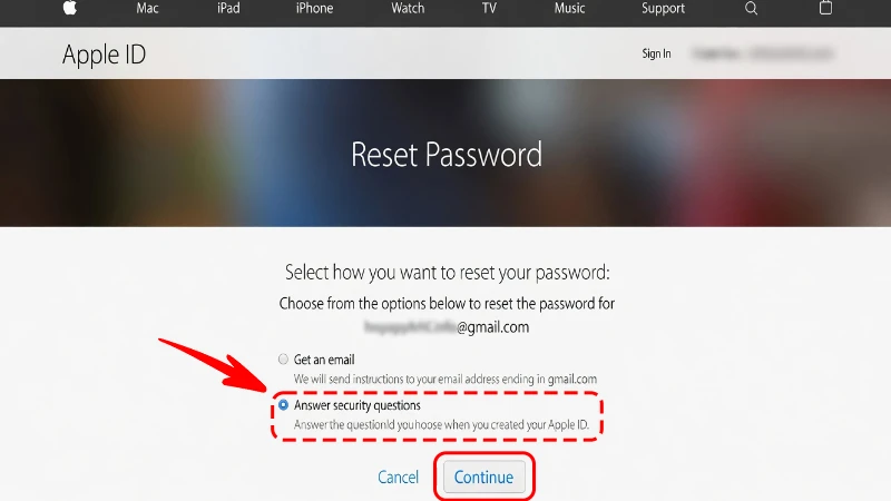 اختيار خيار Answer security questions في موقع ابل لاسترجاع باسوورد ابل ايدي عن طريق أسئلة الأمان