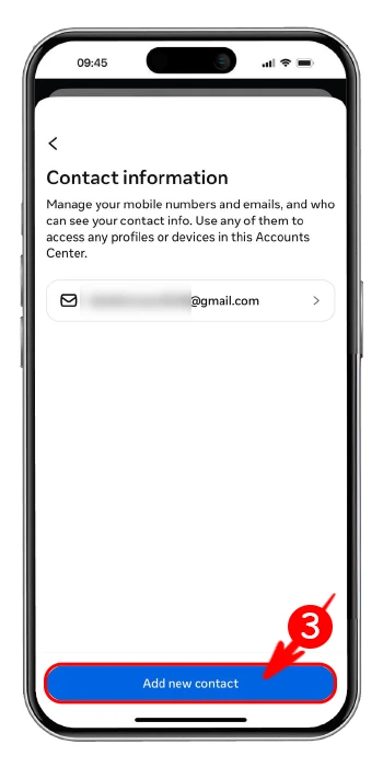 دکمه Add new contact برای اضافه کردن ایمیل یا شماره جدید در اینستاگرام