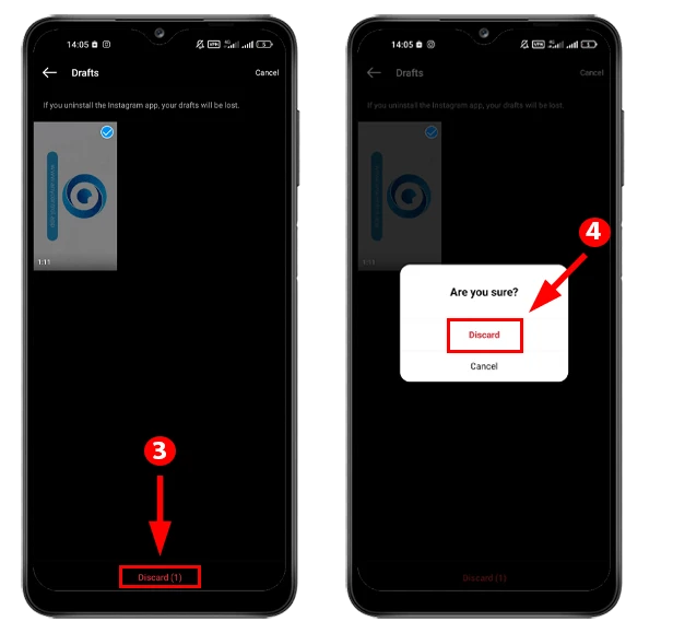 Confirmación para descartar y eliminar definitivamente un borrador de Reel en Instagram