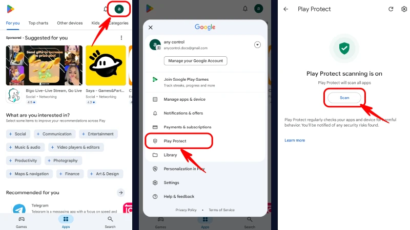 آموزش تصویری مراحل فعال‌سازی و اجرای اسکن سپر ایمنی گوگل (Google Play Protect) برای شناسایی بدافزارهای اندروید