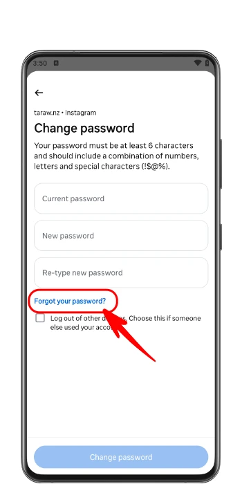گزینه Forgot your password در صفحه تغییر پسورد اینستاگرام برای بازیابی رمز