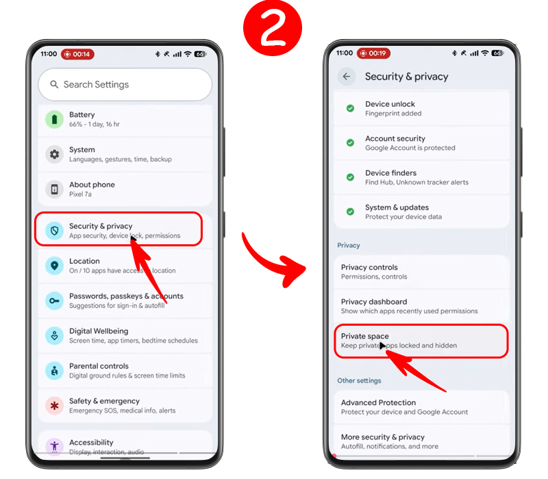 ورود به بخش Security and privacy برای فعال سازی پرایوت اسپیس اندروید