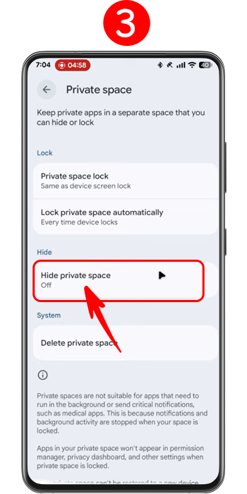 گزینه Hide private space در تنظیمات امنیتی سیستم عامل اندروید