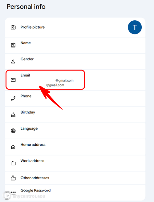 کلیک روی گزینه Email در تنظیمات اطلاعات شخصی برای عوض کردن آدرس جیمیل