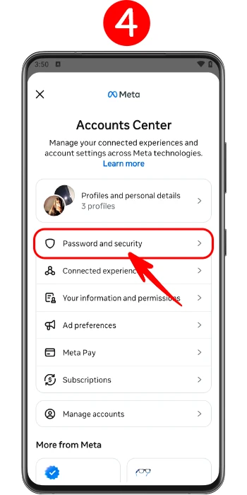 بخش Password and security در منوی اکانت سنتر برای دسترسی به تنظیمات رمز عبور