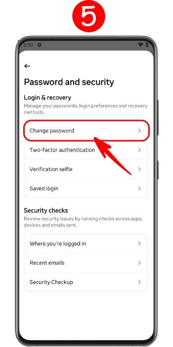 کلیک روی گزینه Change password در تنظیمات امنیتی اینستاگرام اندروید