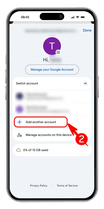 انتخاب گزینه Add another account در اپلیکیشن برای ساخت جیمیل دوم یا جدید