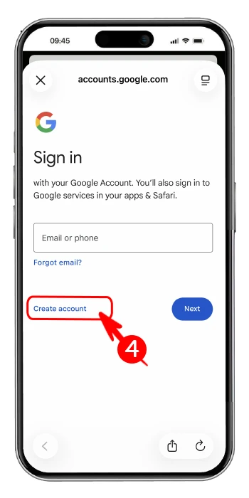 کلیک روی گزینه Create account برای ثبت نام و ساخت جیمیل بدون شماره