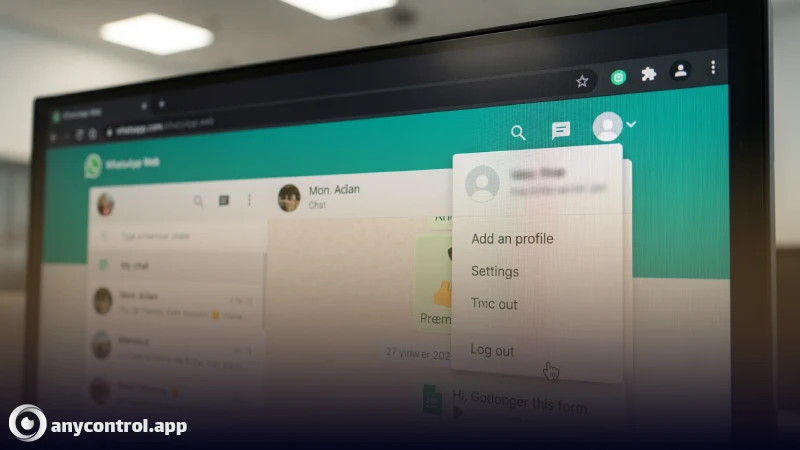 شرح عملي لطريقة تسجيل الخروج من WhatsApp Web على الكمبيوتر عبر الضغط على خيار Log out في المتصفح لإيقاف الجلسة بشكل آمن.