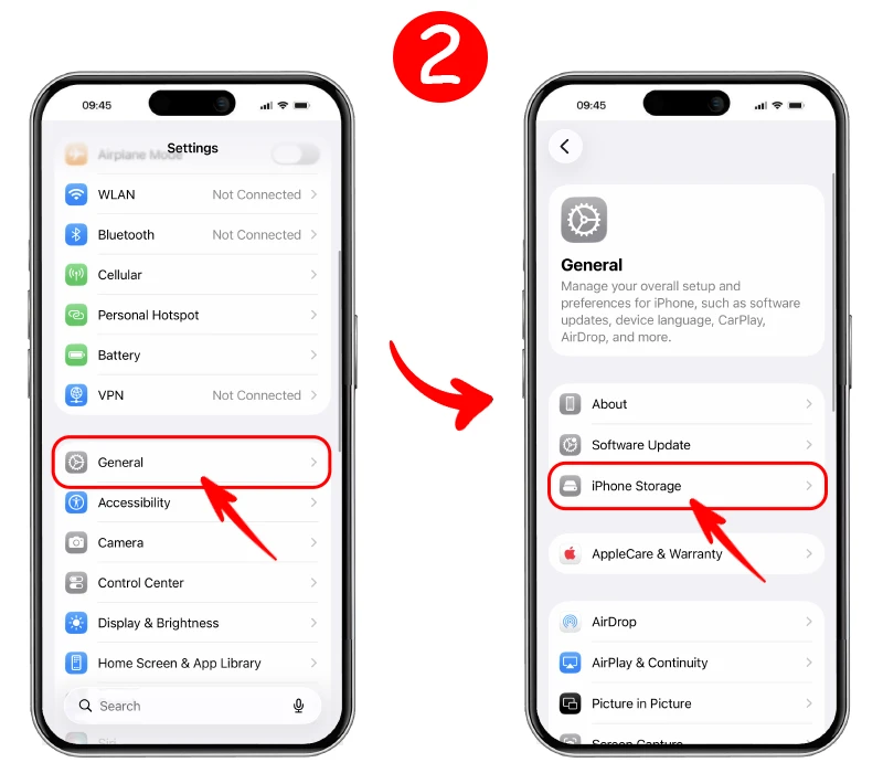 دليل بصري يوضح كيفية بدء تسجيل الخروج من واتساب على iPhone عبر الدخول إلى Settings ثم General ثم iPhone Storage، شرح خطوة بخطوة لطريقة log out WhatsApp iPhone.