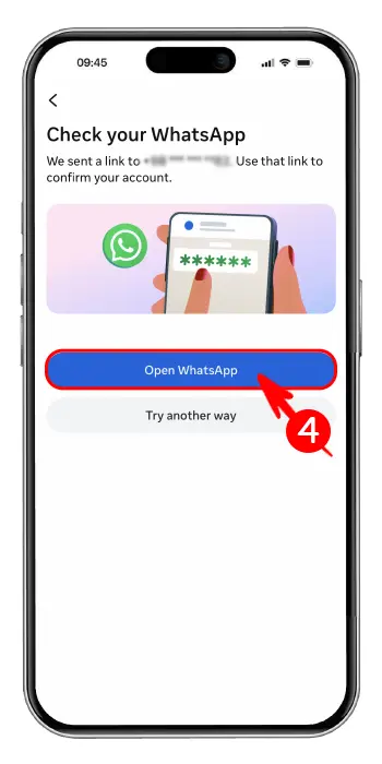 ارسال کد بازیابی اینستاگرام به واتس‌اپ و انتخاب گزینه Open WhatsApp برای ورود به پیج