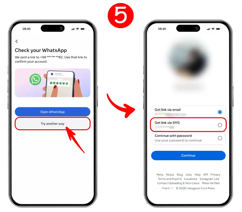 استفاده از روش جایگزین (Try another way) برای دریافت کد ورود اینستاگرام از طریق پیامک (SMS)