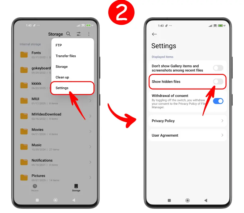 إعدادات مدير الملفات (File Manager) في شاومي لإظهار الملفات المخفية
