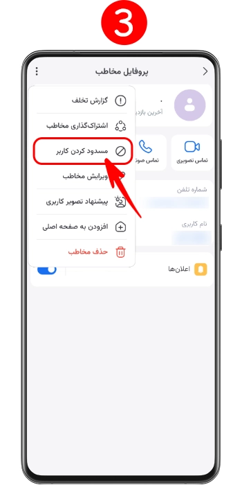 انتخاب گزینه مسدود کردن کاربر از منوی تنظیمات چت در سروش پلاس
