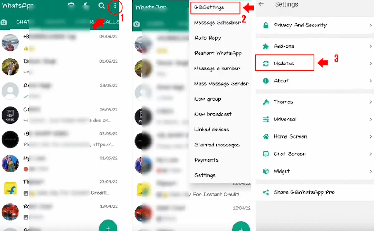 آموزش تصویری مراحل آپدیت واتساپ جی بی از طریق بخش تنظیمات برنامه.