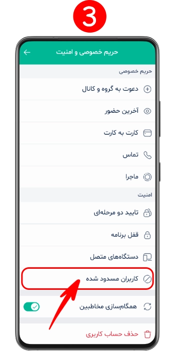 ورود به بخش مسدودی های بله در تنظیمات