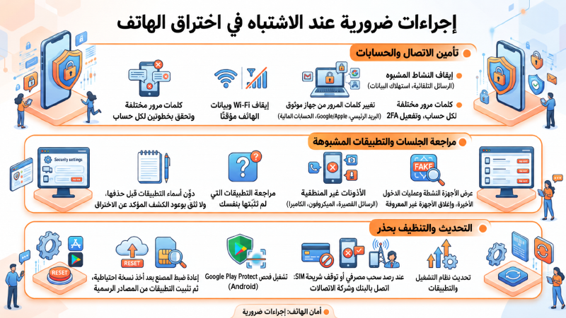 إنفوجرافيك: إجراءات ضرورية عند الاشتباه في اختراق الهاتف وماذا أفعل