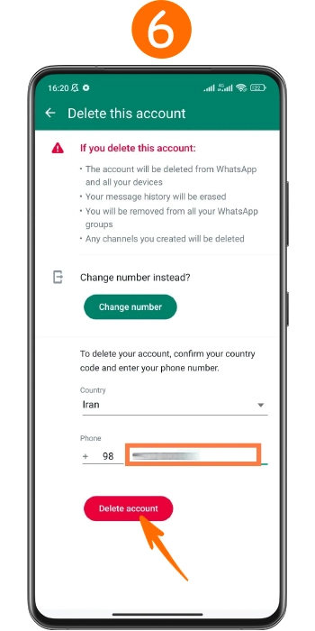 وارد کردن شماره موبایل با پیش‌شماره +98 و تأیید حذف اکانت واتساپ در صفحه Delete my account