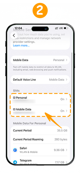 انتخاب سیم‌کارت برای فعال کردن Personal Hotspot در آیفون