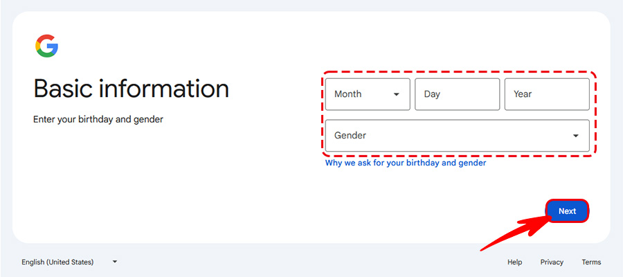Selecting the day, month, and year of birth in the Google account setup process.