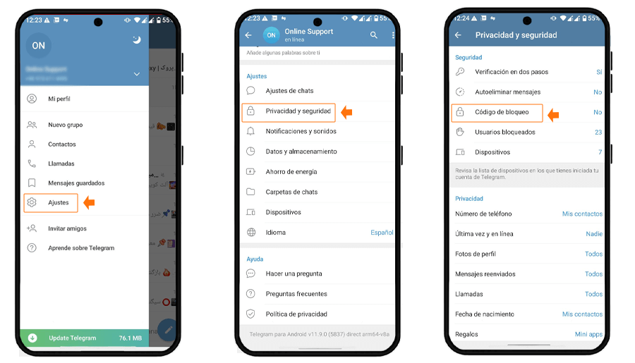 ¿Cómo habilitar el código de acceso para Telegram en Android? 1 es