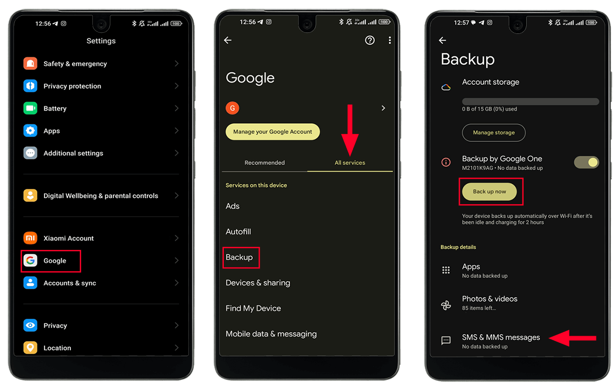 بکاپ پیامک ها در حساب گوگل برای انتقال پیامک ها به گوشی جدید با جیمیل