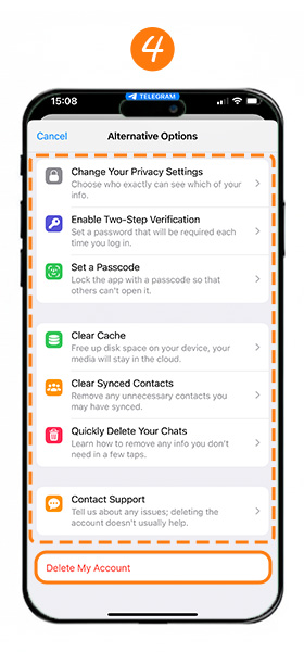 انتخاب گزینه های دیگر به جای دلیت اکانت تلگرام