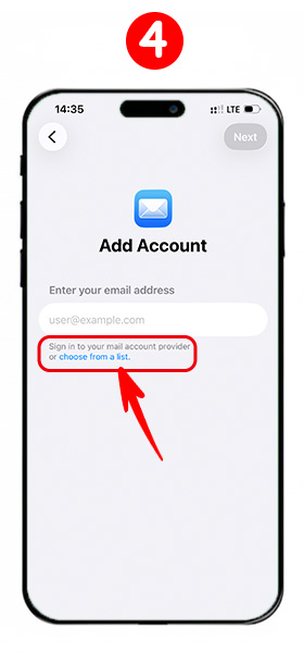 Selecting the "Choose from a list" option to view the available email service providers on iOS.