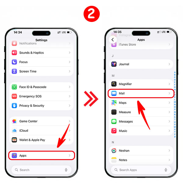 قائمة الإعدادات في iOS مع التمرير للوصول إلى خيار البريد (Mail).