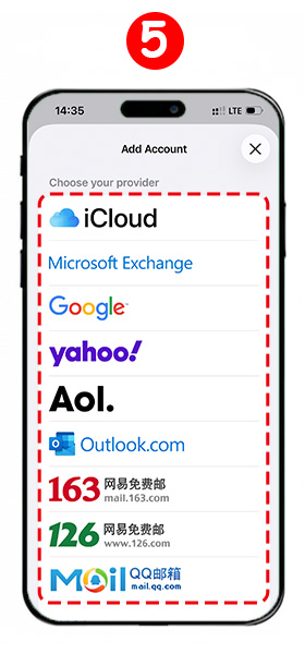 A list of supported email services on iPhone, including Google, Yahoo, and Outlook.