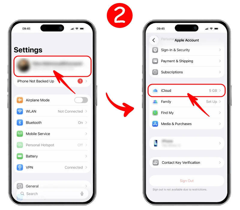 ورود به Apple ID در تنظیمات آیفون و انتخاب گزینه iCloud Backup