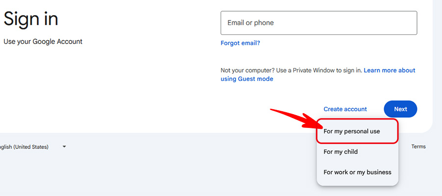 Selecting the "For my personal use" option from the Google account type menu.