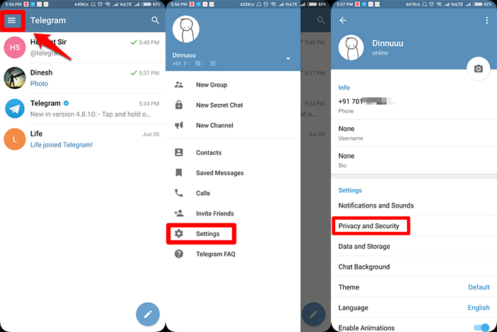 ¿Cómo desactivar el estado activo en Telegram en un teléfono Android? es1