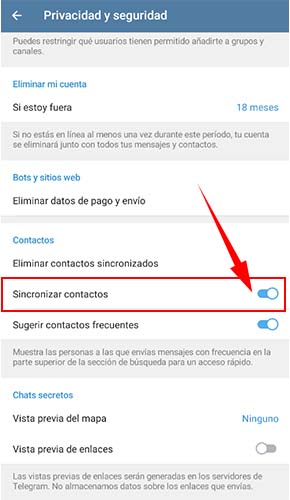 Sincronización de contactos de Telegram