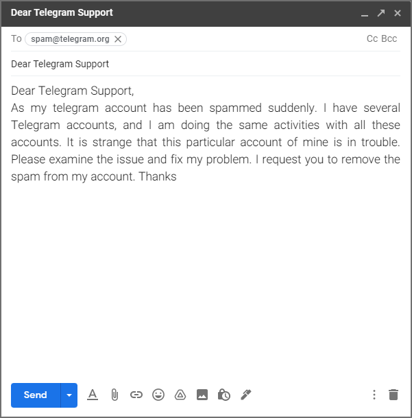 Send Email to Telegram support and request to fix the report