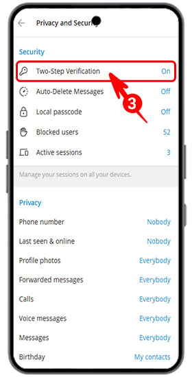 Ajustes de la verificación en dos pasos de Telegram