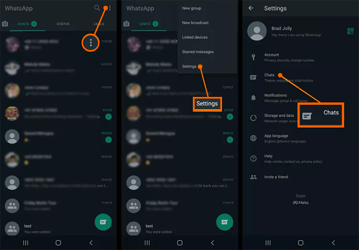 Abra la aplicación WhatsApp en su teléfono Android y toque la opción de tres puntos en la parte superior derecha de la pantalla.