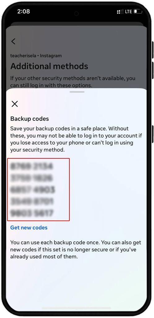list of instagram back up codes