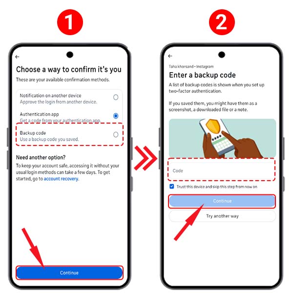 Recuperación de Instagram con códigos de respaldo