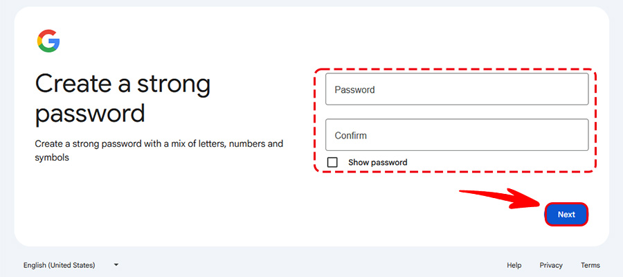 Creating a strong password and clicking the "Next" button to finalize the account.