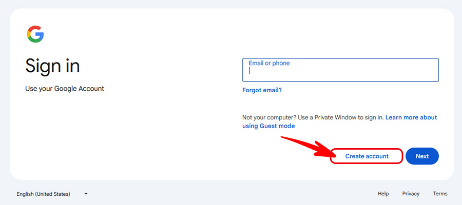 Clicking the "Create Account" button on the Google sign-in page to start the registration.