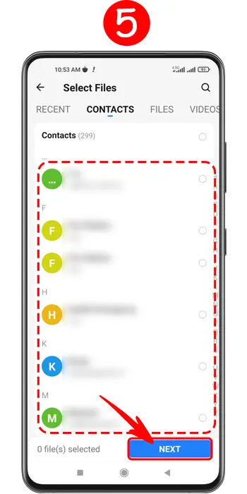 زدن دکمه بعدی برای ارسال مخاطبین به گوشی جدید با شیریت در مرحله نهایی