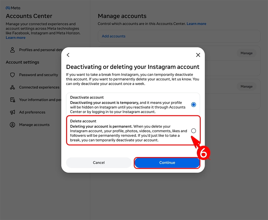 اختيار خيار حذف الحساب في الكمبيوتر والضغط على خيار التأكيد النهائي.