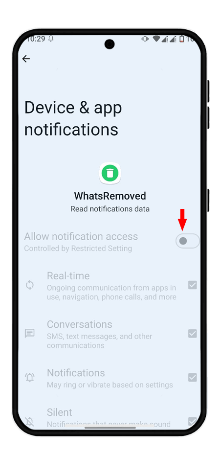 منح إذن الوصول إلى الإشعارات لتطبيق WhatsRemoved لتسجيل المحادثات