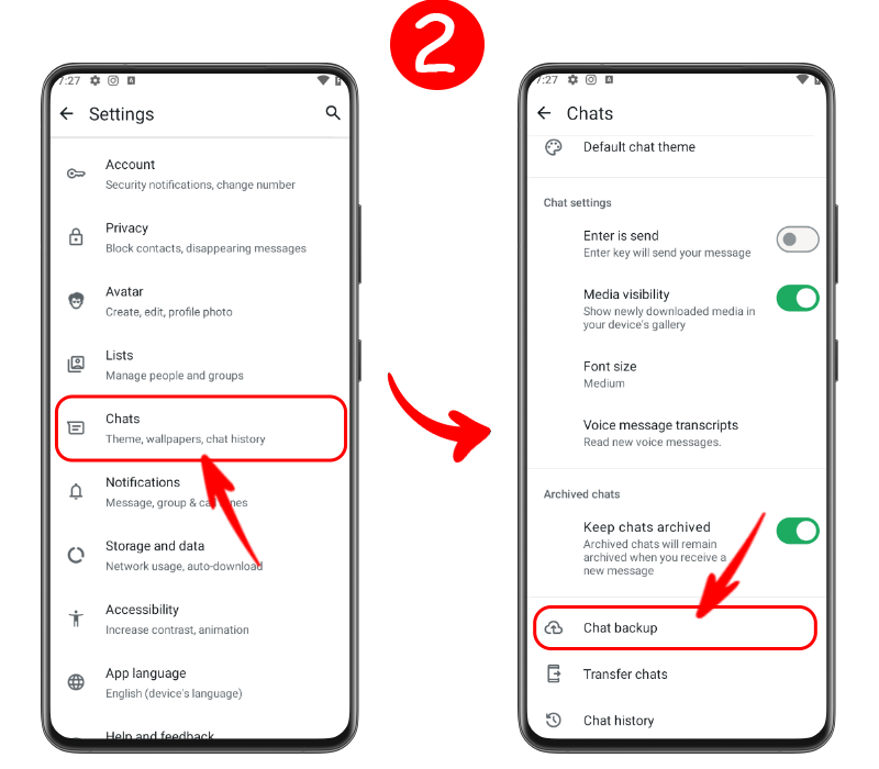 الذهاب إلى إعدادات الدردشات في واتساب لضبط النسخ الاحتياطي التلقائي لمحادثات واتساب